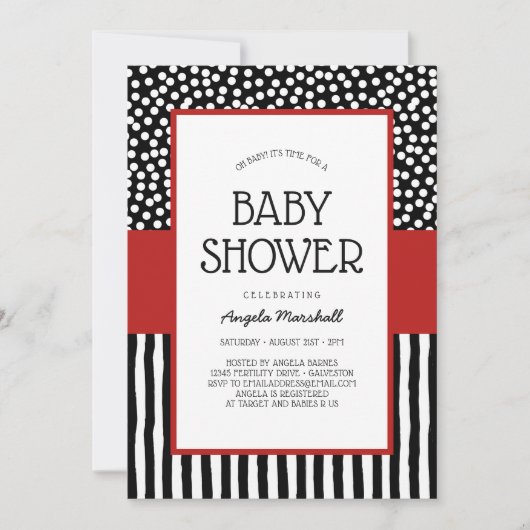 Whimsical Schwarz-weiß und Red Baby Dusche Einladung (Vorderseite)