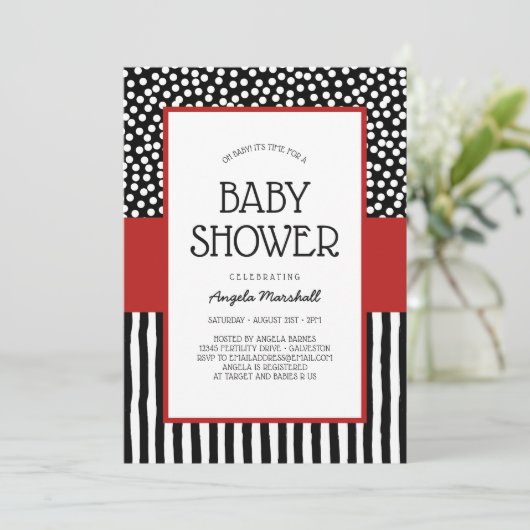 Whimsical Schwarz-weiß und Red Baby Dusche Einladung (Stehend Vorderseite)