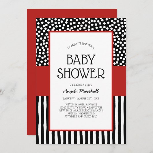 Whimsical Schwarz-weiß und Red Baby Dusche Einladung (Vorne/Hinten)