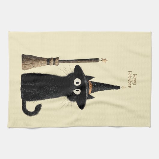 Whimsical Schwarze Katze Frohes Halloween Geschirrtuch (Horizontal)