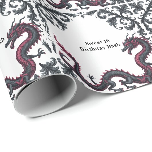 Whimsical Schwarzer Roter Drache Damast Sweet 16 B Geschenkpapier (Rolleneckpunkt)