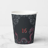 Whimsical Schwarzer Roter Drache Damast Sweet 16 B Pappbecher (Rückseite)