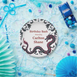 Whimsical Schwarzer Roter Drache Damast Sweet 16 B Pappteller