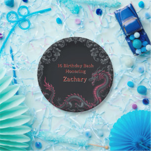 Whimsical Schwarzer Roter Drache Damast Sweet 16 B Pappteller