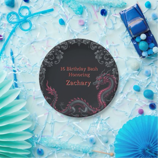 Whimsical Schwarzer Roter Drache Damast Sweet 16 B Pappteller (Party)