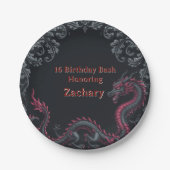 Whimsical Schwarzer Roter Drache Damast Sweet 16 B Pappteller (Vorderseite)