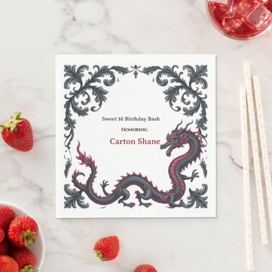 Whimsical Schwarzer Roter Drache Damast Sweet 16 B Serviette (Beispiel)
