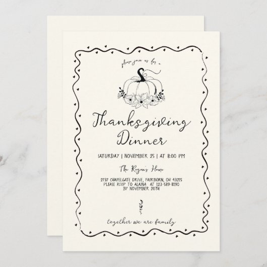 Whimsical Scribble Hand Drawn Pumpkin Erntedank Einladung (Vorne/Hinten)