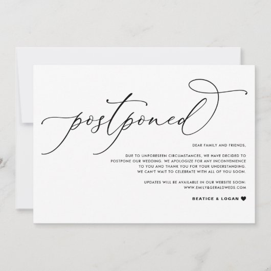 Whimsical Script Black Hochzeit verschoben Ankündigung (Vorderseite)
