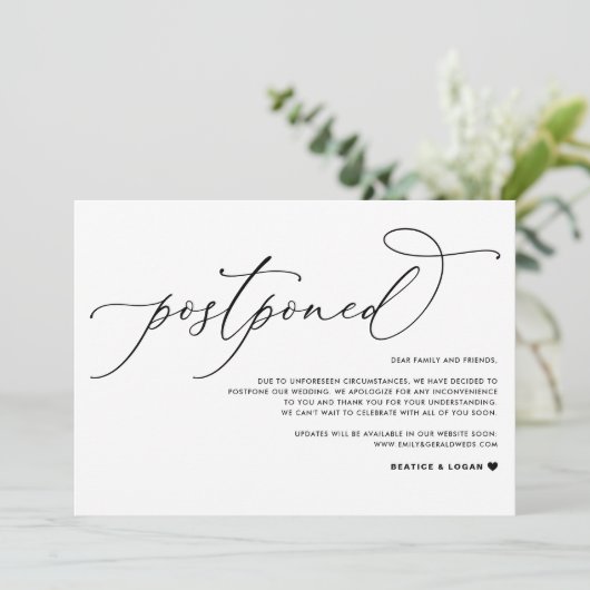 Whimsical Script Black Wedding Postponement Ankündigung (Stehend Vorderseite)