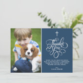 Whimsical Script Blue First Heilige Kommunion Foto Dankeskarte (Stehend Vorderseite)