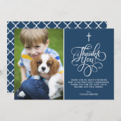 Whimsical Script Blue First Heilige Kommunion Foto Dankeskarte (Vorne/Hinten)