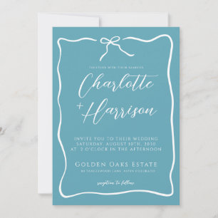 Whimsical Script Border Blue Ribbon Wedding Einladung