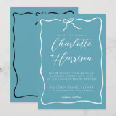Whimsical Script Border Blue Ribbon Wedding Einladung (Vorne/Hinten)