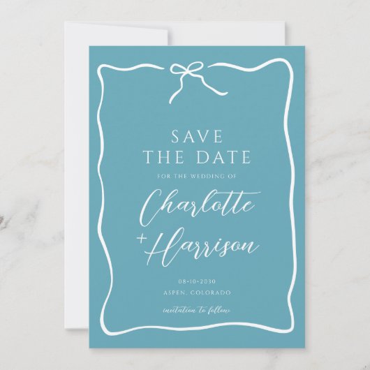 Whimsical Script Border Wedding Blue Save The Date (Vorderseite)