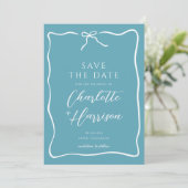 Whimsical Script Border Wedding Blue Save The Date (Stehend Vorderseite)