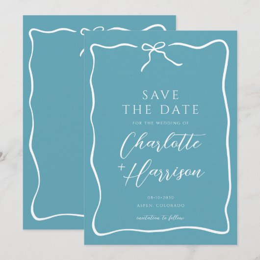 Whimsical Script Border Wedding Blue Save The Date (Vorne/Hinten)