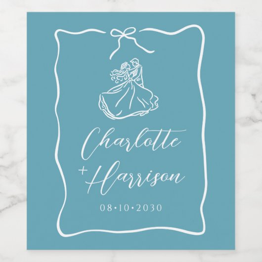Whimsical Script Border Wedding Blue Weinetikett (Einzelnes Label)