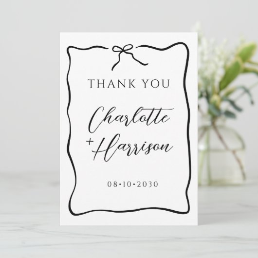 Whimsical Script Border Wedding Dankeskarte (Stehend Vorderseite)