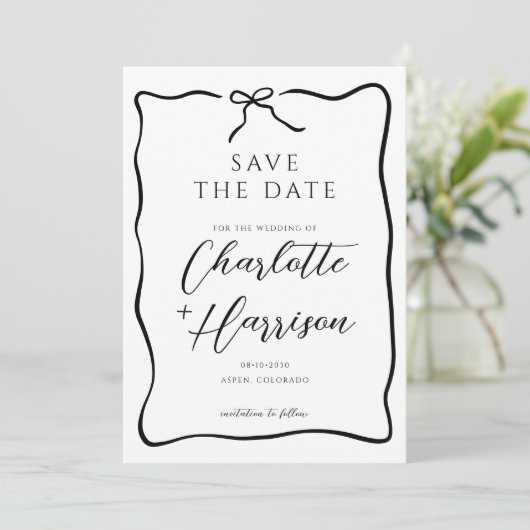 Whimsical Script Border Wedding Save The Date (Stehend Vorderseite)