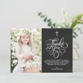 Whimsical Script Chalkboard Erste Heilige Kommune Dankeskarte (Stehend Vorderseite)