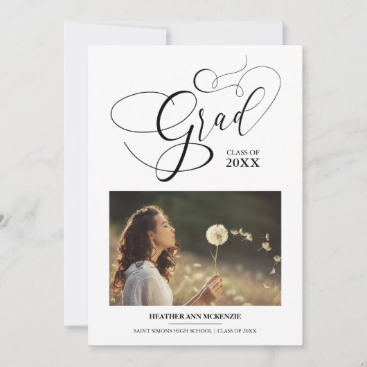 Whimsical Script Chic Black Modern Foto Graduate Einladung (Vorderseite)