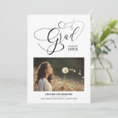Whimsical Script Chic Black Modern Foto Graduate Einladung (Stehend Vorderseite)