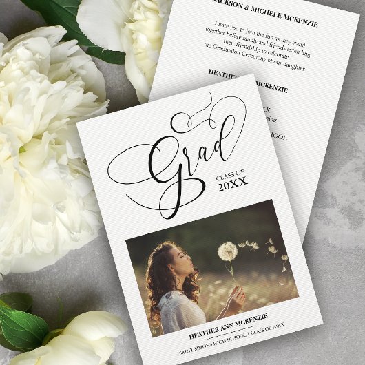 Whimsical Script Chic Black Modern Foto Graduate Einladung