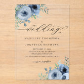 Whimsical Script floral Dusty Blue Wedding Acryleinladungen (Vorderseite)