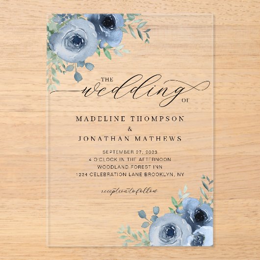 Whimsical Script floral Dusty Blue Wedding Acryleinladungen (Vorderseite)
