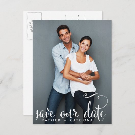 WHIMSICAL SCRIPT FOTO RETTE UNSERE DATENPOSTKARTE ANKÜNDIGUNGSPOSTKARTE (Vorne/Hinten)