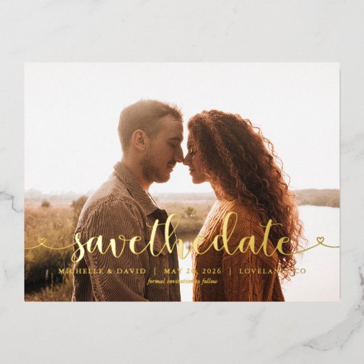 Whimsical Script Foto Wedding Save the Date Folie Einladungspostkarte (Vorderseite)