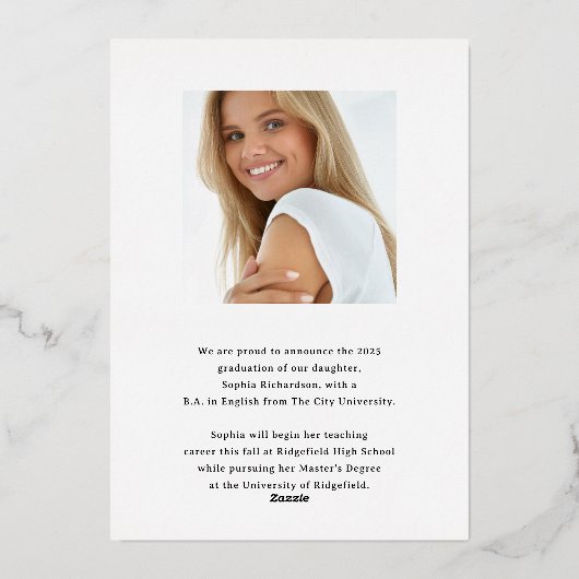 Whimsical Script Gold Foil Abschluss Ankündigung (Rückseite)