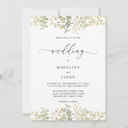 Whimsical Script Greenery Floral Wedding Einladung (Vorderseite)