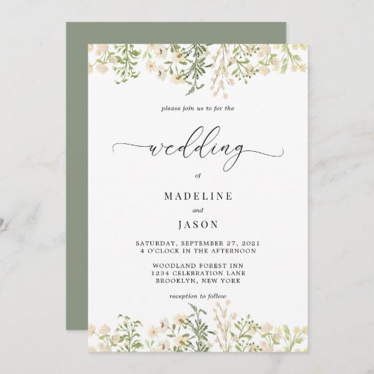 Whimsical Script Greenery Floral Wedding Einladung (Vorne/Hinten)