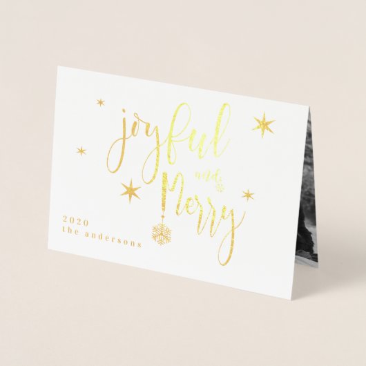 Whimsical Script Joyful and Merry Foto Foil Card Folienkarte (Vorderseite)