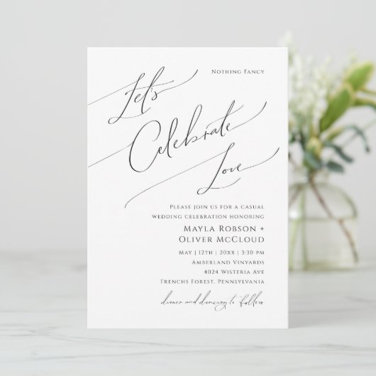 Whimsical Script Let's Celebrate Liebe Hochzeit Einladung (Stehend Vorderseite)