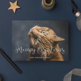 Whimsical Script Meowy Christmas Cat Foto Feiertagskarte