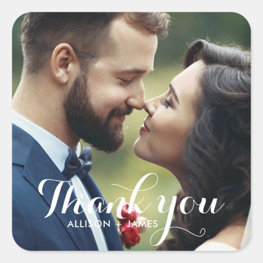 Whimsical Script Modern Wedding Foto Quadratischer Aufkleber (Vorderseite)