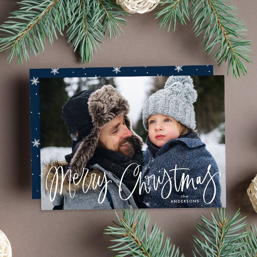 Whimsical Script Navy Frohe Weihnachts-Foto Feiertagskarte