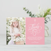 Whimsical Script Pink Erste Heilige Kommunion Foto Dankeskarte (Stehend Vorderseite)