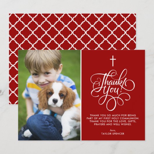 Whimsical Script Red First Heilige Kommunion Foto Dankeskarte (Vorne/Hinten)