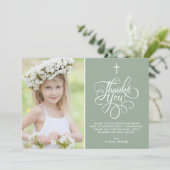 Whimsical Script Sage First Heilige Kommunion Foto Dankeskarte (Stehend Vorderseite)