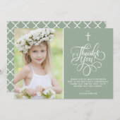 Whimsical Script Sage First Heilige Kommunion Foto Dankeskarte (Vorne/Hinten)