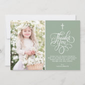 Whimsical Script Sage Green First Heilige Kommune Dankeskarte (Vorderseite)