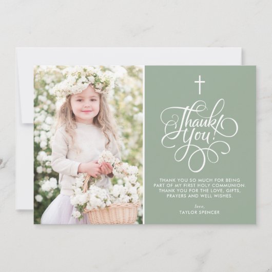 Whimsical Script Sage Green First Heilige Kommune Dankeskarte (Vorderseite)