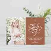 Whimsical Script Terracotta Erste Kommune Foto Dankeskarte (Stehend Vorderseite)