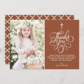 Whimsical Script Terracotta Erste Kommune Foto Dankeskarte (Vorne/Hinten)