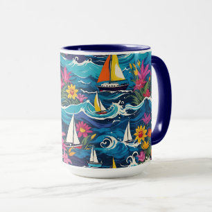 Whimsical Segelboote mit Wellen und Blume Tasse