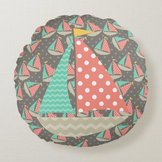 Whimsical Segelboote Rundes Kissen (Vorderseite)